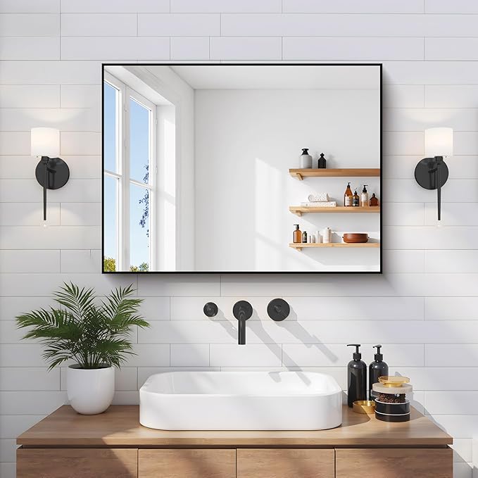 Black Bathroom Mirror for Wall, 18x24 Inch Rectangle Mirror with Metal Frame, Modern Vanity Mirrors for Bathroom Living Room, Entryway Hangs Horizontal or Vertical