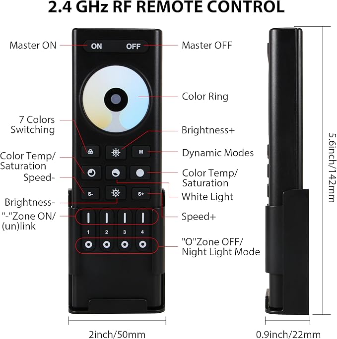 XXK RC02RFB RF Remoter, 4-Zone 2.4G Handheld RF Remote Control Compatible with CCT LED Controller, 99ft Wireless Control 4 Channel Group Control for Home CCT LED Strip Lights