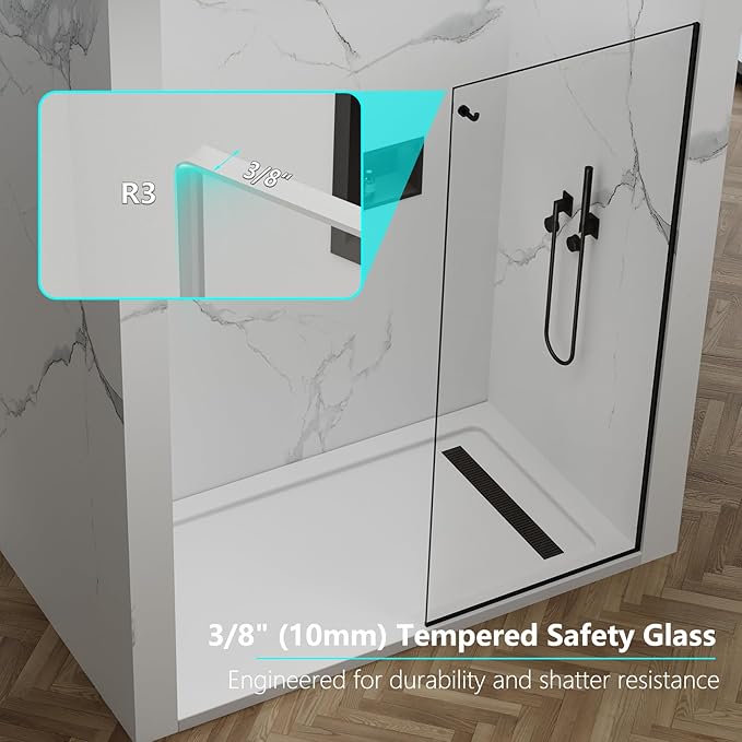 Shower Screen,32" W * 76" H Single Shower Glass Panel, 3/8"(10mm) Tempered Glass, Shower Wall Panels, Fix Shower Glass Screen for Bathroom - Matte Black
