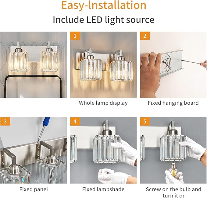 FDPBY Modern Bathroom Vanity Light 2-Lights Brushed Nickel Vanity Light Crystal Wall Light Bathroom Light Fixtures