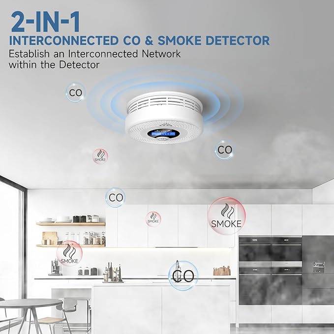 3 Pack Interconnected Smoke and CO Alarm with LCD Screen, 85dB Audible & Visual Alert, RF Sync Network, Battery Powered, Ideal for Multi-Room Setup in Home, Office, RV