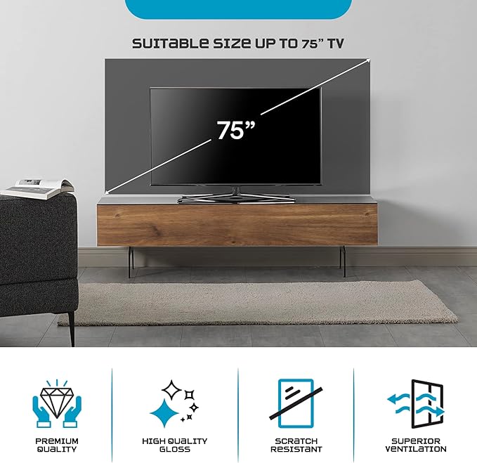 SONOROUS ST-360 Premium TV Stand for Living Room – Modern TV Stands & Entertainment Center with Storage – Black Glass & Walnut Wood Cover – Luxury Media Console with Metal Legs for TVs up to 75 inches