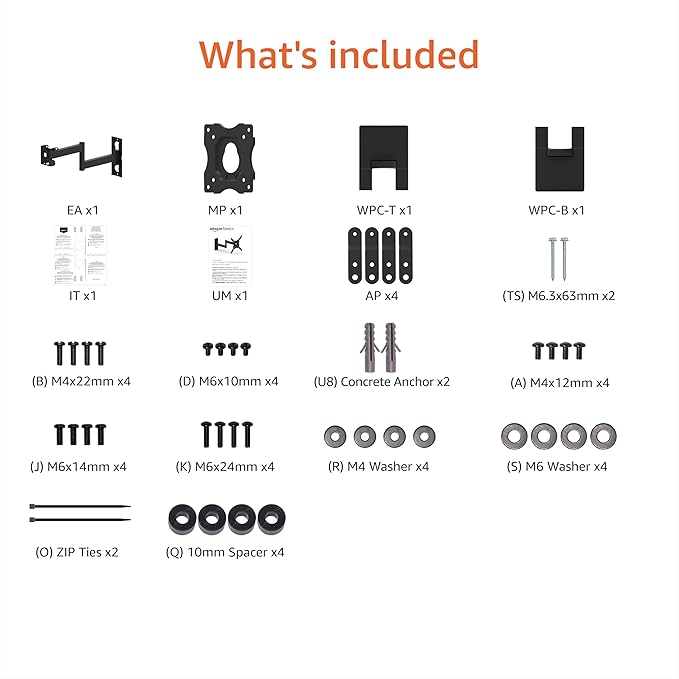 Amazon Basics Full Motion TV Wall Mount fits 12" to 40" TVs and VESA 200x200, Black