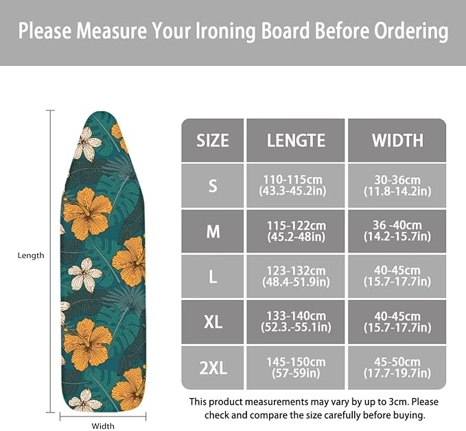 ZCFYGDX Hawaiian Flower Leaf Print Ironing Board Cover Extra Large, Elastic Edges Nylon Buckle Straps Fasteners,XL (15 x 54 in) Resist Scorching & Staining Breathable Wear-Resistant Easy Install