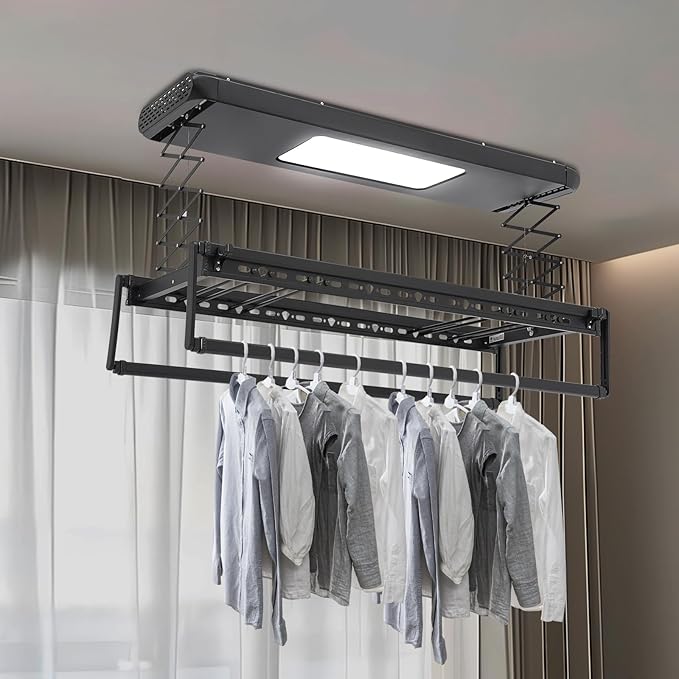 banborba Electric Retractable Airing Rack, Ceiling Mounted Clothes Drying Rack, Retractable Clothesline, Vertical Laundry Drying Rod with LED Light & Remote, 110V 24W, Black