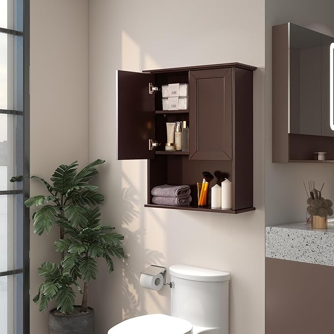 Wall Cabinet, 23x29 inch Medicine Cabinet, Over Toilet Storage with Adjustable Shelf, Wooden Expresso Bathroom Cabinet with 2 Doors