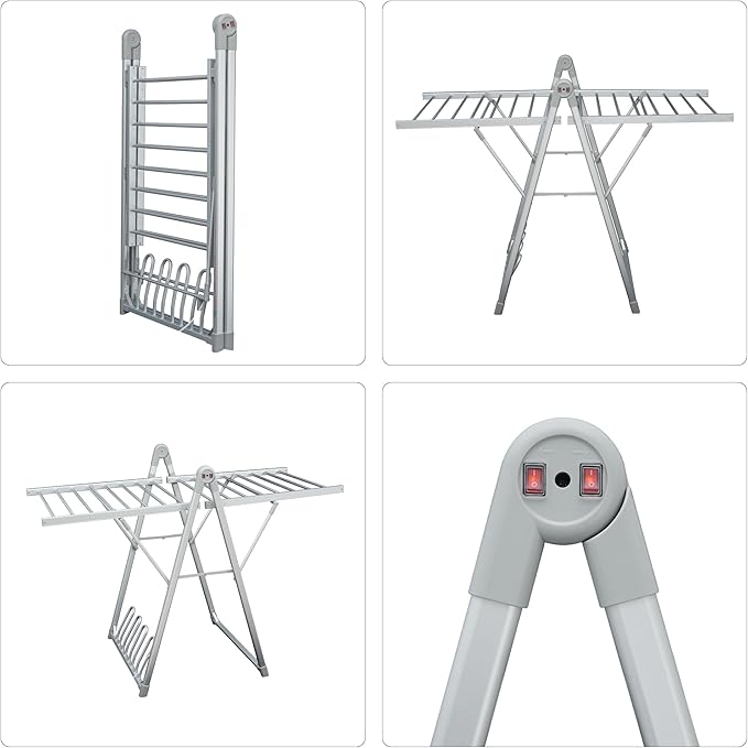 SHARNDY Electric Heating Clothes Drying Rack,Foldable Clothes Drying Rack,Suitable for Drying Clothes, Shoes and Socks.Plug & Play,Silvery Gray,Aluminum Alloy,One-Click Switch(39.37×52.56×25.98in)