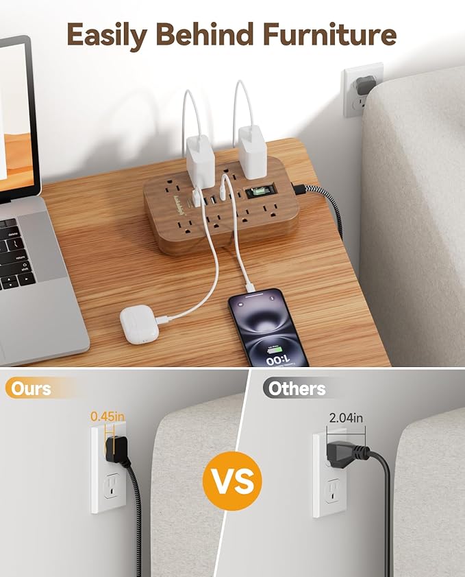 Walnut Power Strip with USB Ports - 5 FT Wood Power Strip, 1625W Decorative Extension Cord with 6 AC Outlet 3 USB, for Brown Tan Wood Walnut Grain Aesthetic Vintage Rustic Desk Accessories Decor