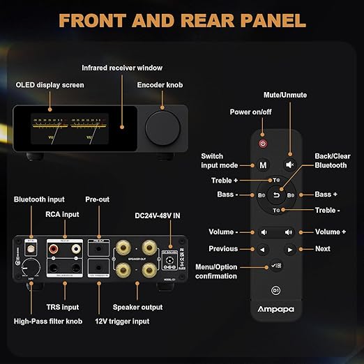Ampapa 2 Channel Bluetooth Amp: HiFi 300W x2 Stereo Amplifier with BT 5.2 | HPF | Digital VU Meter | SUB Pre-Out | TRS Balanced Input | Tone Control & Remote for Home Theater Bookshelf Speakers (D1)