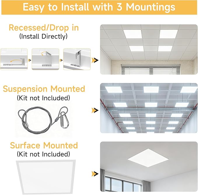 6 Pack 2x2 LED Flat Panel Light Drop Ceiling Office Fixture,Surface Mount Drop Ceiling Fixture,4800LM, 20W/25W/30W/35W/40W Selectable,3000K/3500K/4000K/5000K/6500K 5CCT,Dimmable (0-10V),ETL Listed
