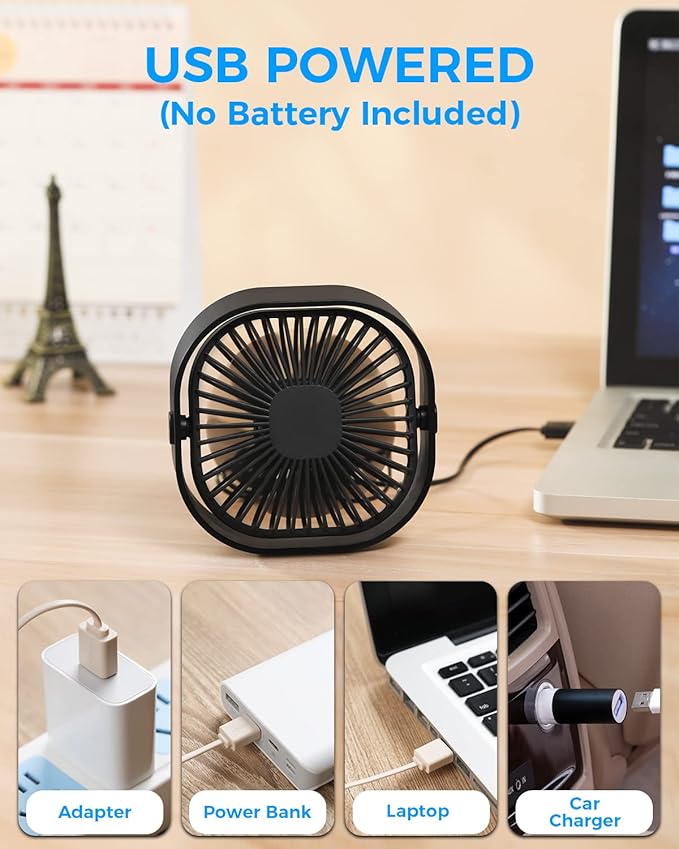 RJVW 4 Inch Small USB Desk Fan, 3-Speed Portable & 360°Rotatable Mini Cooling Fan, USB-Powered Desktop Fan for Home Office Bedroom Dorm Indoor Outdoor Summer Gift