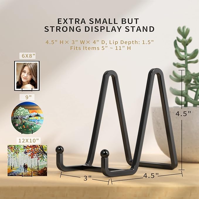 IPAME 4 Pack Plate Stands for Display - 4.5 Inch Metal Square Wire Plate Holder Display Stand + Picture Frame Stand Holder Easel for Book, Decorative Plate, Plaque, Photo, Platter (Black)