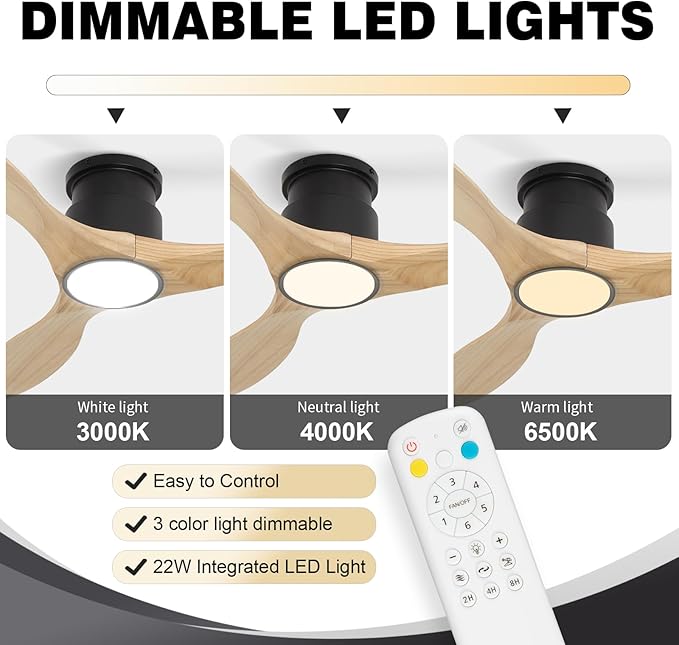 revoici Ceiling Fans with Lights Remote 52inch Solid Amber Color Wood Fan Timing 6 Speeds Silent Reversible DC Motor 3CCT LED Light with Memory Lighting Function Indoor Outdoor Fan Farmhouse Bedroom
