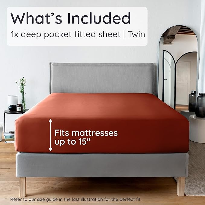 Bambaw 100% Viscose Derived from Bamboo Fitted Sheet Twin Size, Cooling Fitted Sheet Twin Size, 15’’ Deep Pocket, Breathable Bottom Sheets Only (Terracotta)