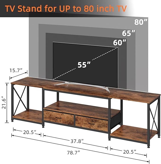 GYIIYUO TV Stand with Fabric Drawers for 80 85 Inches TV - Entertainment Center and Industrial TV Console Table with Open Storage Shelves for Living Room, Bedroom- 79.1" Rustic Brown
