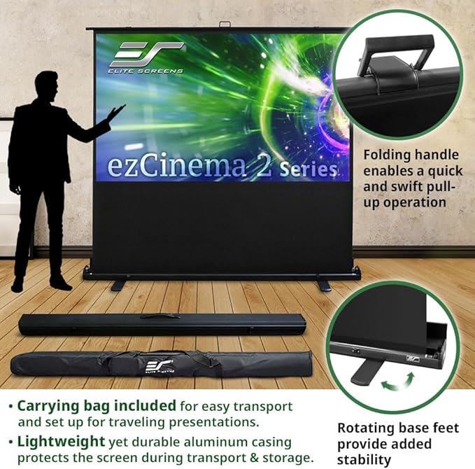 Elite Screens ezCinema 2, 70-inch 16:9, Manual Floor Pull Up Scissor Backed Projector Screen, Portable Home Theater Office Classroom Projection Carrying Bag, US Based Company 2-Year Warranty, F70XWH2