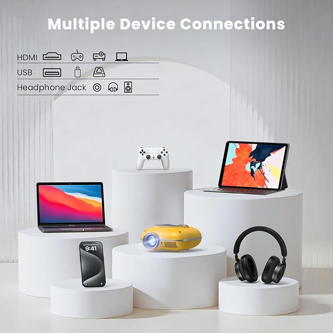 HOMPOW Mini Projector with Two -Way Bluetooth, Portable Projector for Home Theater Use, Support 1080P for Outdoor Projector/Movie Projector Compatible with HDMI, USB, Laptop, TV Stick (Yellow)
