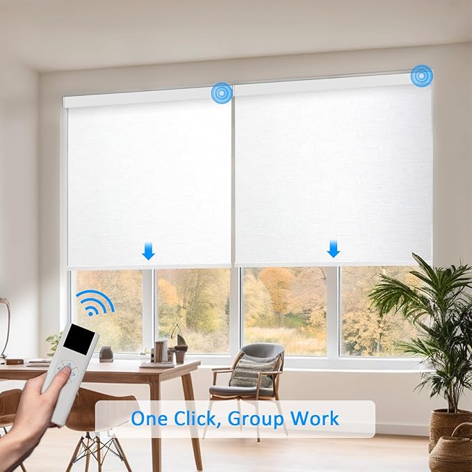 COOLWINDS Motorized Blinds with Remote Cordless Automatic Motorized Shades Custom Blinds for Windows Smart Curtains Compatible with Alexa Google Home(Blackout Jacquard White,W36 x H72in)