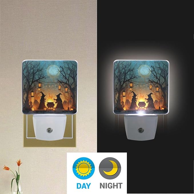 Pigsaly Led Night Light Halloween Witches Cauldron Tombstones Bare Trees Night Light Plug in Wall Lamp Smart Dusk to Dawn Sensor Nightlight Led Lamp Energy Saving Lights Gift for Kids Room Bedroom Ba