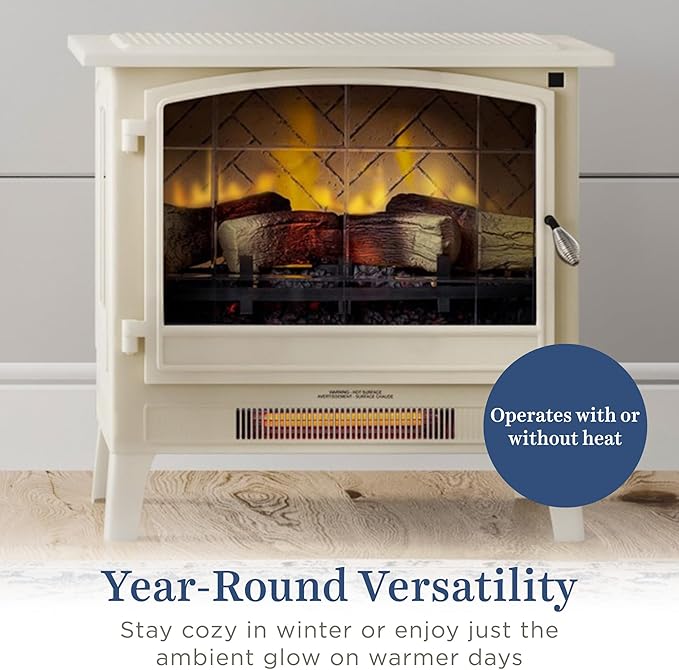 Country Living Infrared Freestanding Electric Fireplace Stove Heater in Cream | Multiple Flame Colors, Metal Design with Faux Wooden Logs | Alexa/WiFi Enabled - Remote Included
