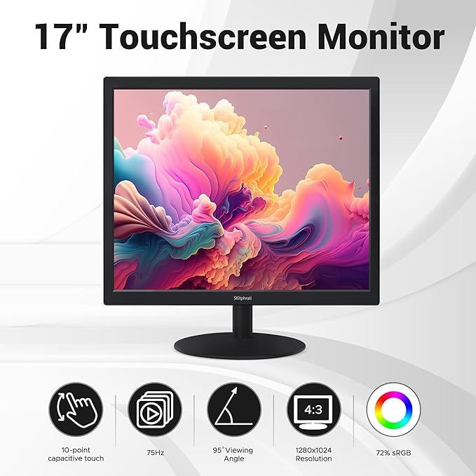 SKitphrati 17" Square 1280x1024 10-Point Multi Touch Screen Monitor with HDMI, VGA, Type B Ports, 75Hz, 5:4 Aspect Ratio, VESA Wall Mountable, PC Touch Monitor for PC POS Machine Windows