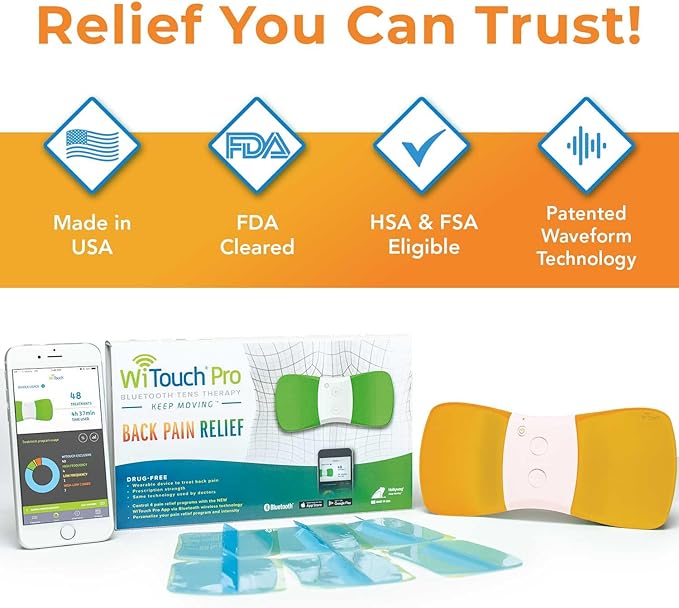 WiTouch Pro TENS Unit for Back Pain Relief & Recovery, Wireless, Wearable Muscle Stimulator, Made in USA, Gel Pads Included