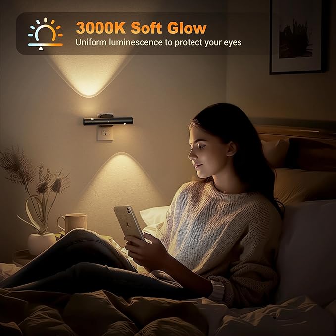 JandCase LED Night Light, Modern Rotating Night Lights Plug into Wall, Soft White 3000K,0-100LM Adjustable Brightness with Dusk-to-Dawn Sensor, Dimmable Wall Lights Bar for Bathroom, Vanity, Bedroom,S