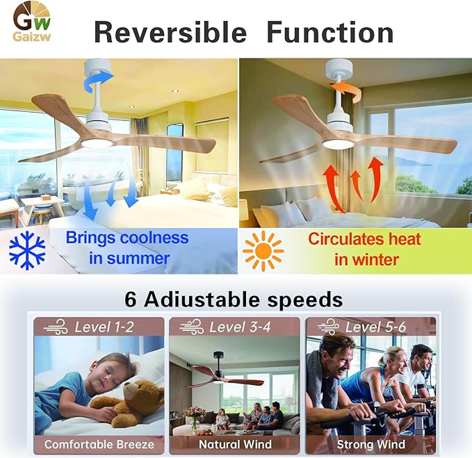 Gaizw 52 Inch Ceiling Fans with Lights and Remote Control, Modern Wooden Ceiling Fan, 2 Downrods 3 Blades Ceiling Fan with Light, 6 Speeds Reversible Quiet DC Motor Indoor Outdoor Fans
