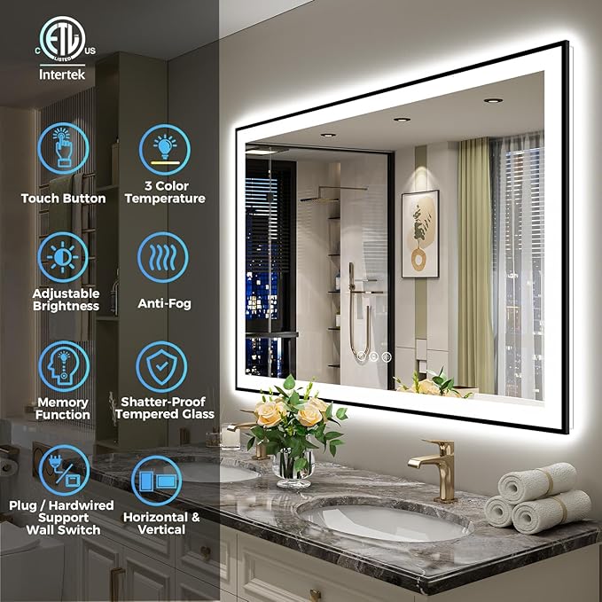YEELAIT 44x36 Inch LED Bathroom Mirror with Lights (Front Lit and Backlit) Black Framed Lighted Vanity Mirror for Bathroom Wall Dimmable Anti-Fog Memory Tempered Glass Horizontal/Vertical