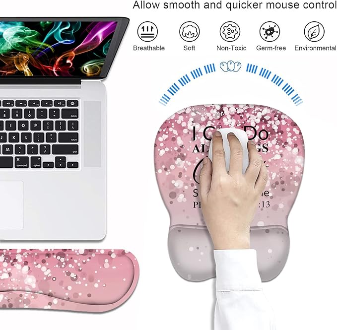 Ergonomic Mouse Pad Wrist Support and Keyboard Wrist Rest Set with Coasters, Non-Slip PU Base, Easy Typing & Pain Relief for Computer Laptop Home Office, Bible Verse Phil 4-13