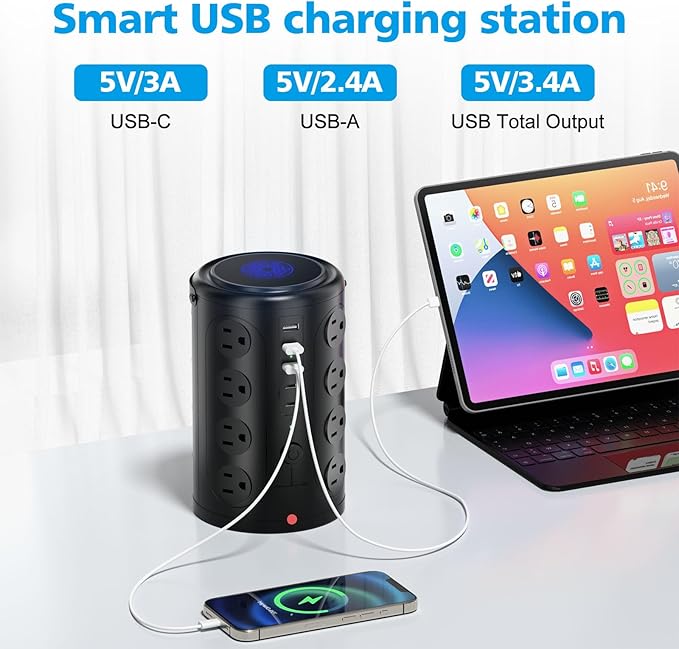 Power Strip Tower Surge Protector with 16 Outlets and 5 USB Ports (2 USB-C), 20FT Extension Cord with Multiple Outlets,Heavy Duty Charging Station,Home Office Dorm Room Essentials.No Wireless Charging