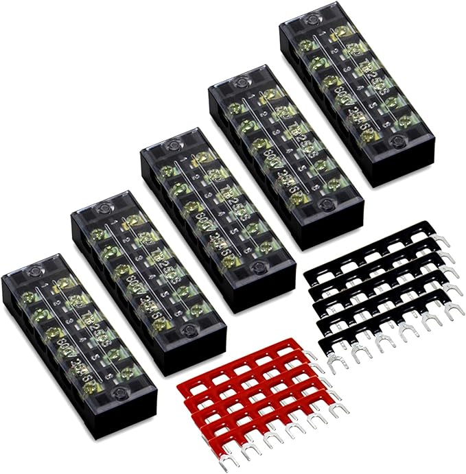 MILAPEAK Terminal Block and Strip - 5pcs 6 Positions 600V 25A Dual Row Screw Terminal Strip with Cover + 10pcs 400V 25A 6 Positions Pre-Insulated Terminal Barrier Jumper Strips Black & Red
