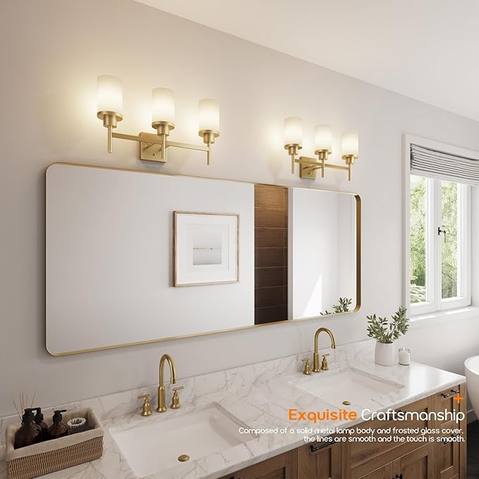 AONEON Bathrom Light Fixtures Modern Gold 3 Vanity Lights Over Mirror, Wall Lamps with White Frosted Glass Shade for Toilet Washroom Bath T001GD-L3