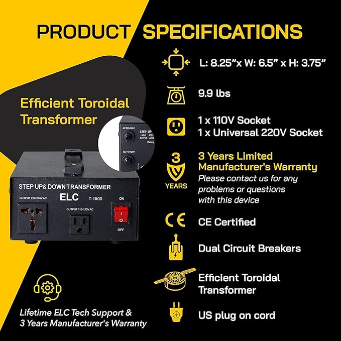 ELC T Series 1500+ Watt Voltage Converter Transformer - Step Up/Down - 110v to 220v / 220v to 110v Power Converter - Circuit Breaker Protection, CE Certified [3-Years Warranty]