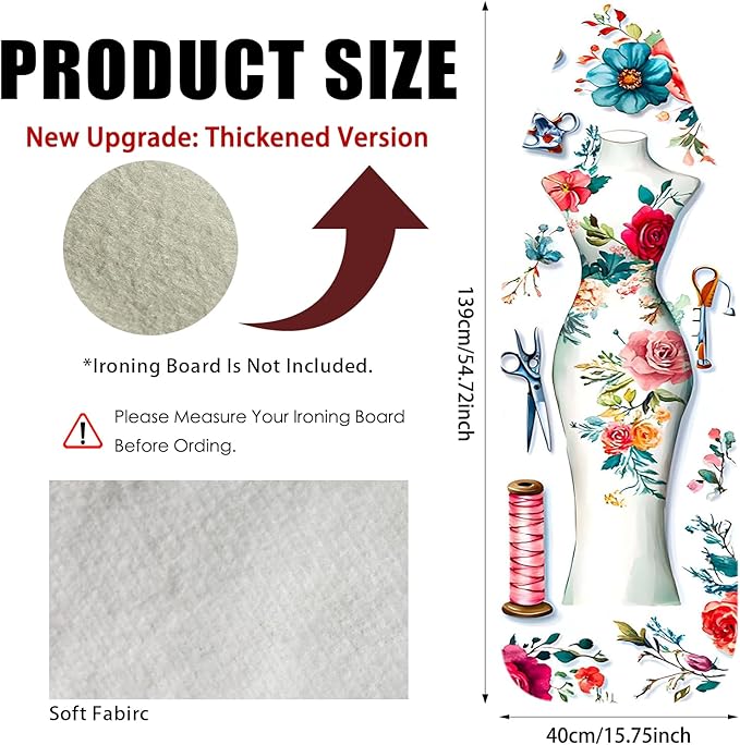 Nuxovilar Ironing Board Cover Needle Cotton 15x54 Inches | Ironing Board Cover and Pad Floral Dress Form Needle Cotton for Craft Room, Laundry Area, Home