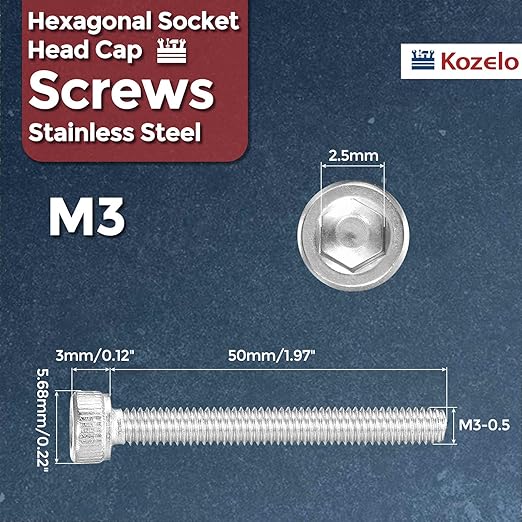 Kozelo 100pcs Socket Head Cap Screws - [M3-0.5 x 25mm] 304 Stainless Steel Allen Socket Drive for Electrical Motor 3D Printing Fan Engine Replacement Use, Silver
