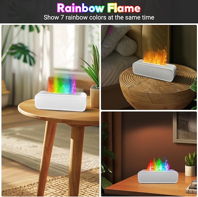 Essential Oil Diffuser, 250ml Flame Oil Diffuser - Aromatherapy Humidifier, Sound Activated Flame Effect, Rainbow Flame, Music Sync, Remote Control - Perfect for Bedroom Home Office Yoga (White)