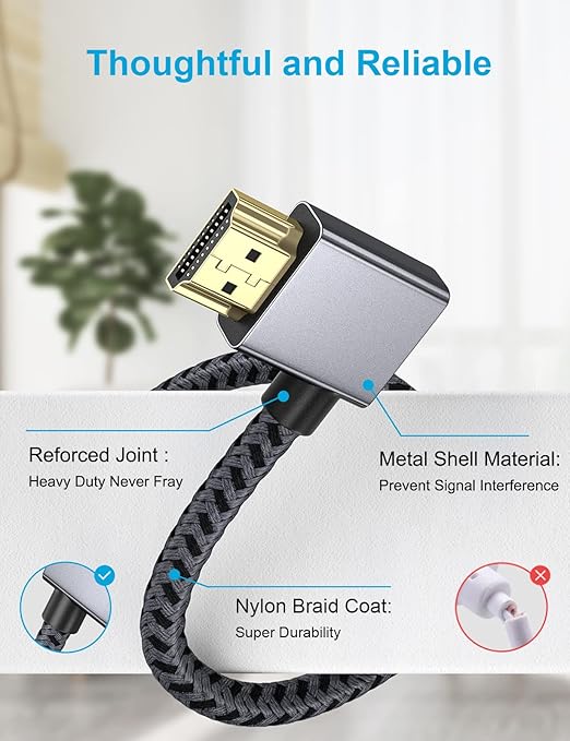 XAOSUN Right Angle HDMI 2.0 Cable 6.6 Feet, Strong Anti-Interference, 18Gbps High Speed Support 4K@60Hz,3D 1080P,HDR,ARC,90 Degree HDMI Cable for MacBook pro 2023,Monitor,ps4/5,Xbox,Fire TV and More