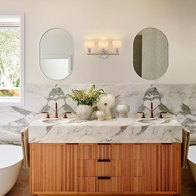 Shenmoyl Bathroom Light Fixtures, 3-Light Vanity Wall Light Over Mirror with White Tulip Glass Shade for Bedroom Living Room (Bulb Not Included), Satin Nickel