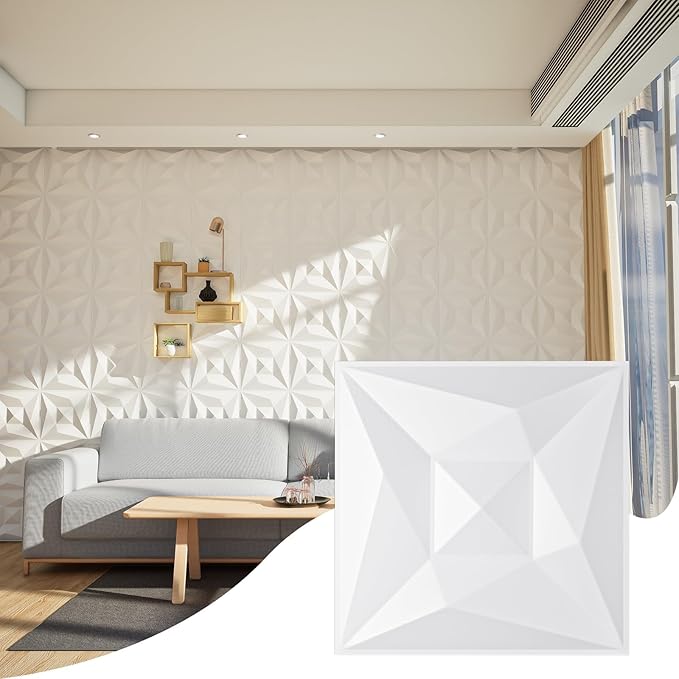 Greymond White PVC 3D Wall Panels, 33 Pack 11.8''x11.8''Geometric Design for Modern Home Decor Upgrade, Textured Tile Decorative & Paintable for Living Room Lobby Bedroom Hotel Office