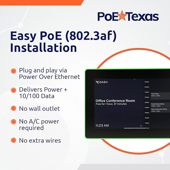 PoE Texas 8" Conference Room Scheduler with Color Changing LED Status - PoE Powered Touch Screen Tablet for Meeting Room Booking - Syncs with All Popular Business Calendars - No Subscription Required