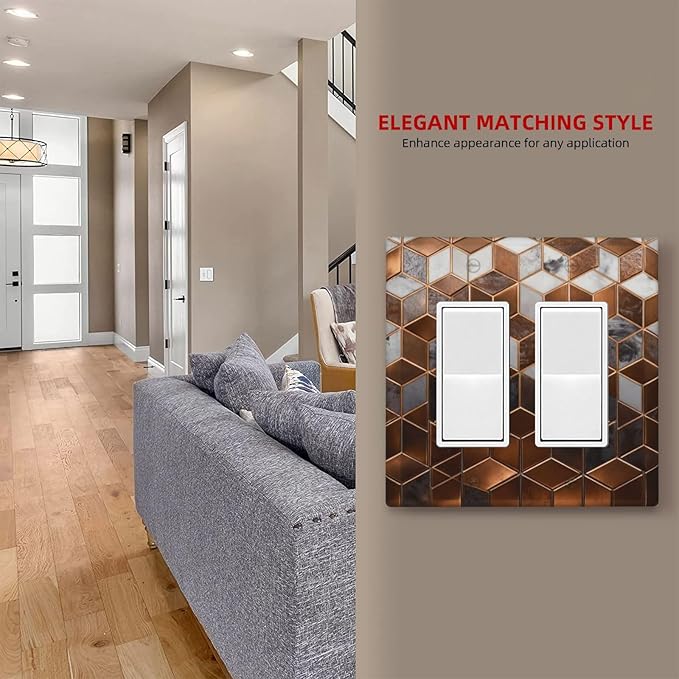Bvtewkhz Brown Abstract Luxury Modern Geometric Cubic Marble 2 Gang Double Rocker Decorative Light Switch Covers Electrical Faceplate Switch Plates for Bathroom Kitchen Home