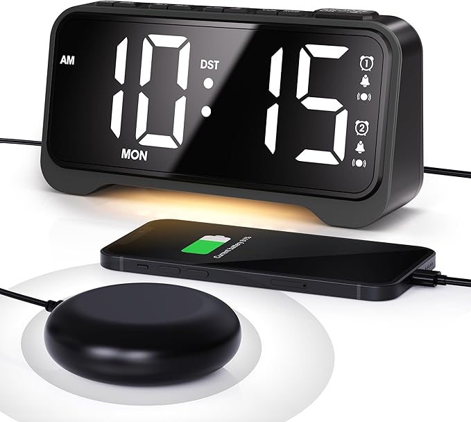 Vibrating Alarm Clock for Heavy Sleepers with Bed Shaker, Extra Loud Buzzer, Dual Alarms, Adjustable Night Light, USB Charging, Battery Backup, for Seniors, Teens, Hearing Impaired
