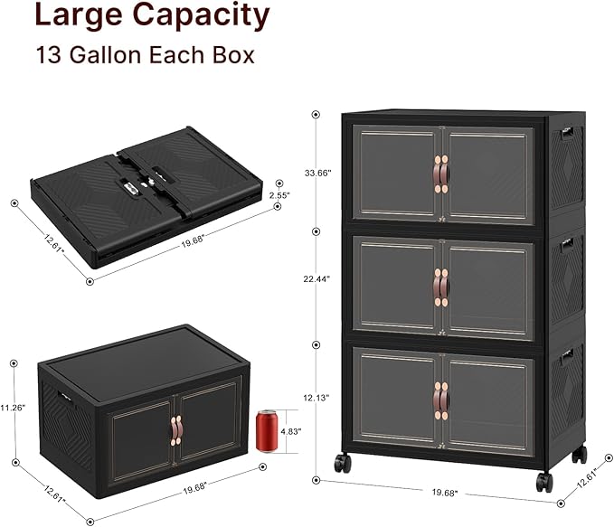 Extra Large Stackable Storage Bins with Lids & Wheels, 165QT-55QT/14GAL*3Pack Foldable Collapsible Closet Organizers Dark Storage Cabinet with Doors for Bedroom Dorm