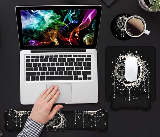 Wrist Rest Support Ergonomic Gel Mouse Pad and Memory Foam Keyboard Set, Non-Slip Rubber PU Base for Home Office Working Studying Easy Typing & Pain Relief, Celestial Theme Sun with Crescent Moon