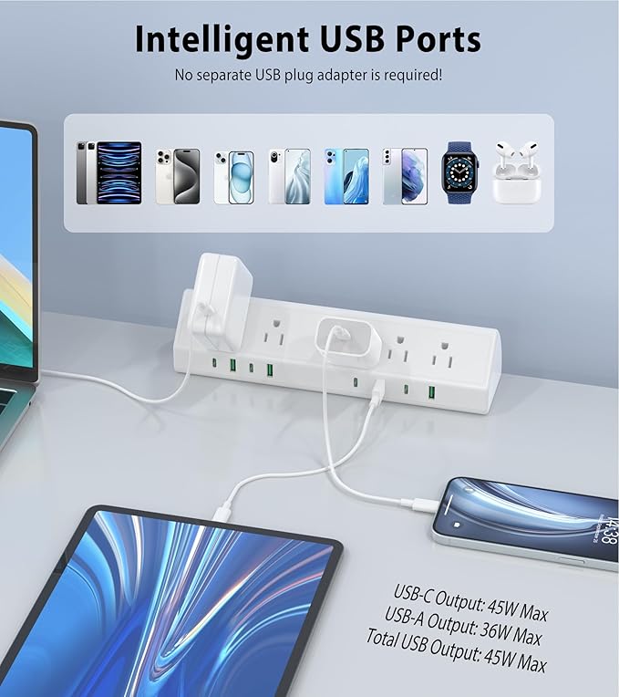 45W Fast Charging Station,Desk Clamp Power Strip,4 PD USB-C Ports,5 AC Outlets,Surge Protector Power Strip, 14AWG Heavy Duty Cord, Fits 1.9" Tabletop Edge (White, 10 FT Cable)