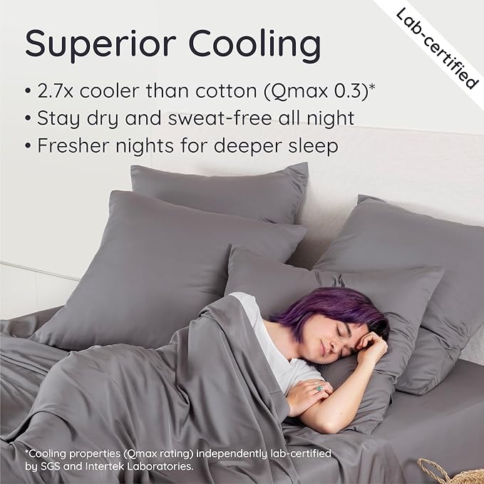 Bambaw 100% Viscose Derived from Bamboo Queen Sheet Set – 4pcs Soft Bedding Set, Deep Pocket Queen Cooling Sheets Fits Up to 16'' with Elastic Corner Straps (Dark Gray)