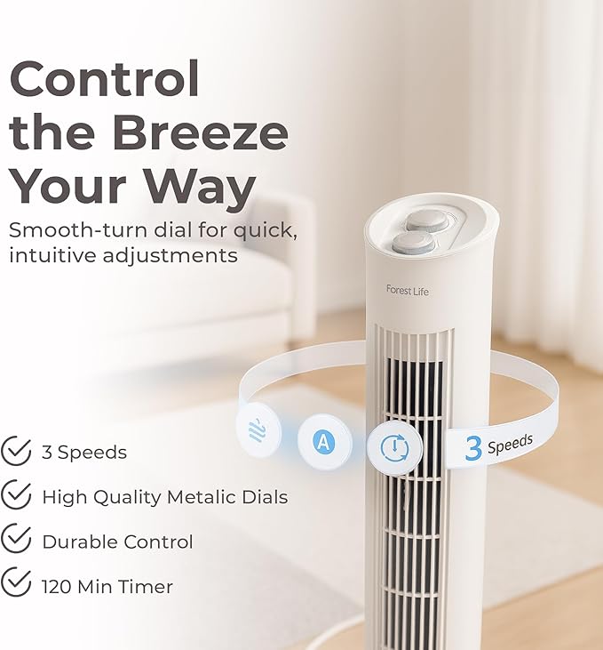 Forest Tower Fan for Bedroom - 32" Standing Fan with 70° Oscillating | Lightweight Cooling & Quiet Tower Unit for Indoors | Bladeless with 3 Speeds, 120 Min Timer & Manual Dial Control, 60 W | White