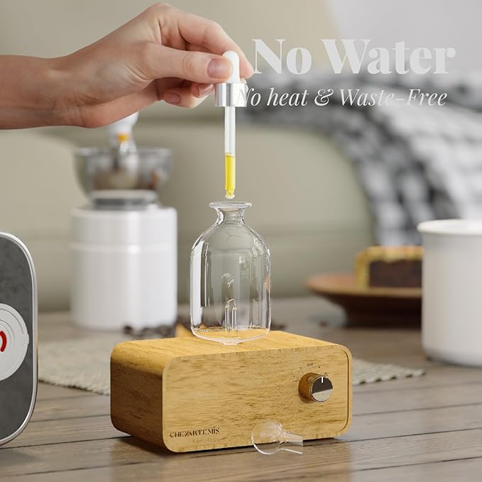 Aria Retro Glass Essential Oil Diffuser with Wood Base for Aromatherapy, Waterless Scent Diffuser for Essential Oil, Fragrance Oil, Perfume, Cordless Mini Oil Diffuser with 4 LED & Timer, Ideal Gift