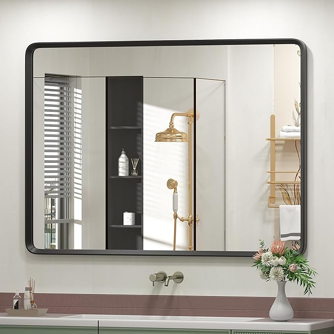 44x36 Inch Black Matte Framed Mirror for Bathroom, Rounded Rectangle Mirror, Bathroom Vanity Mirror for Wall, Anti-Rust, Shatterproof (Horizontal/Vertical)